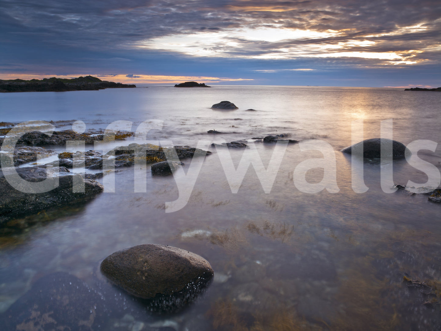 Minimal coastal wall mural for apartment living room, dusk beach view, soft color tones