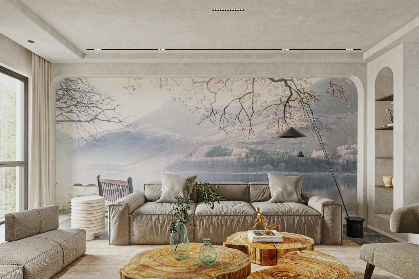 Tranquil bench by the lake wall mural for nature-inspired rooms.