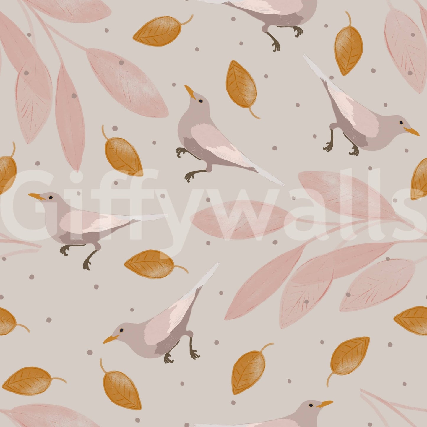 A peaceful wallpaper showing tiny birds flying among long pastel leaves and warm golden accents.