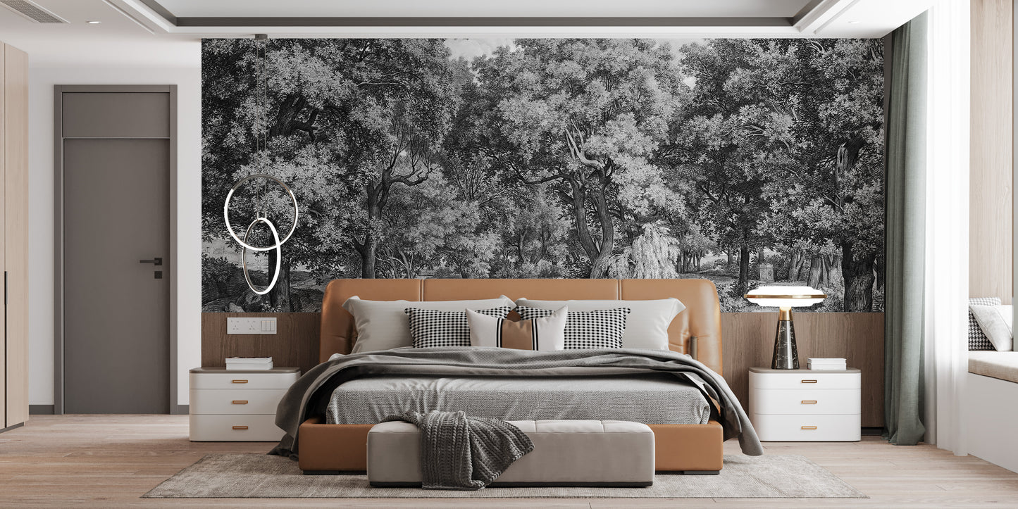 Black and white mural of women by the lake