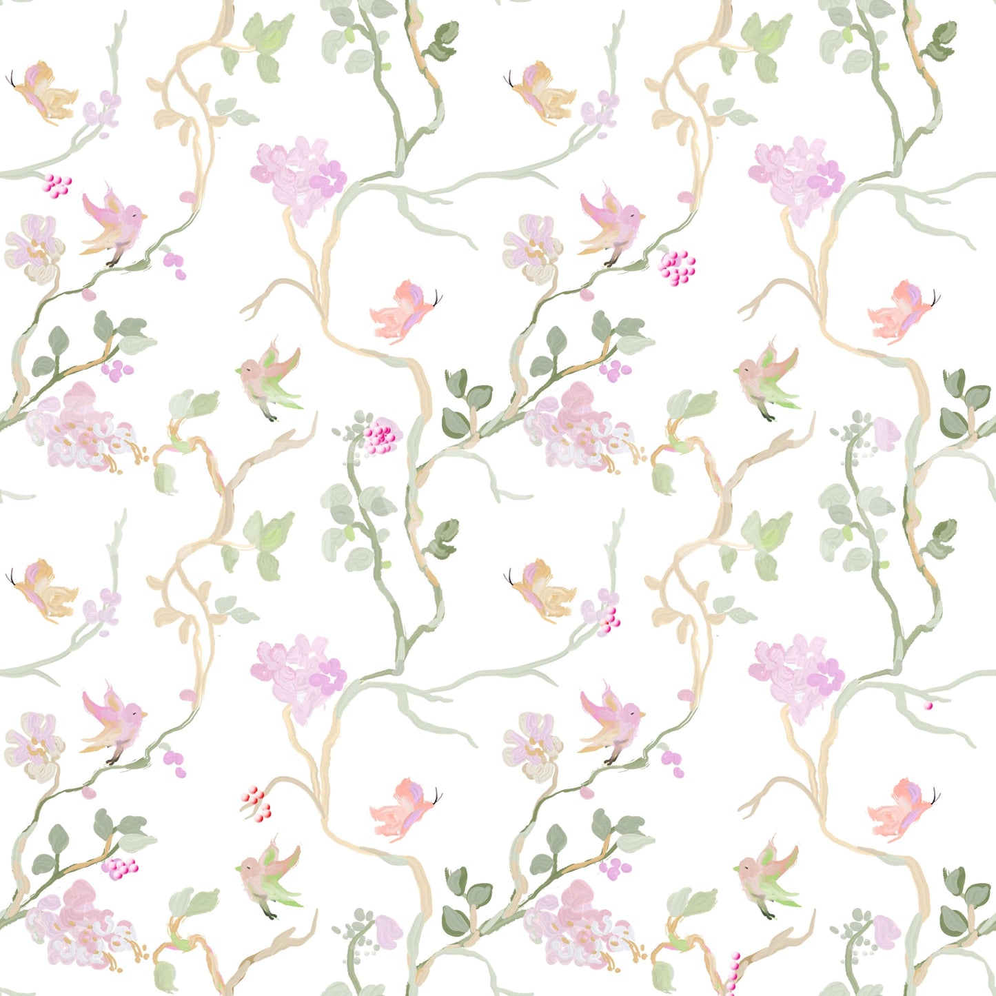 spring floral wallpaper with dainty blossoms and bird motifs