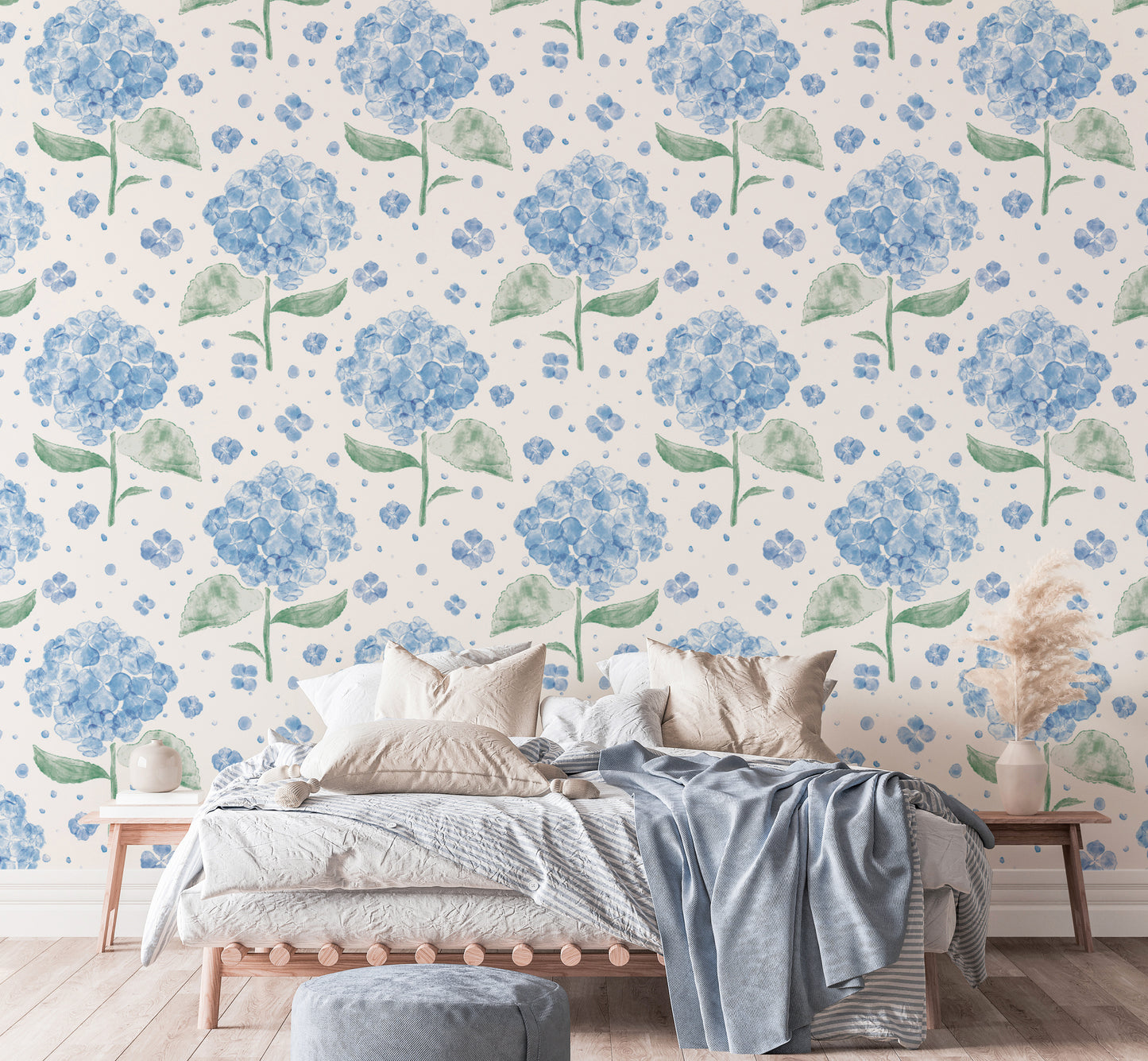 Delicate blue hydrangea mural for a soft and airy floral vibe.