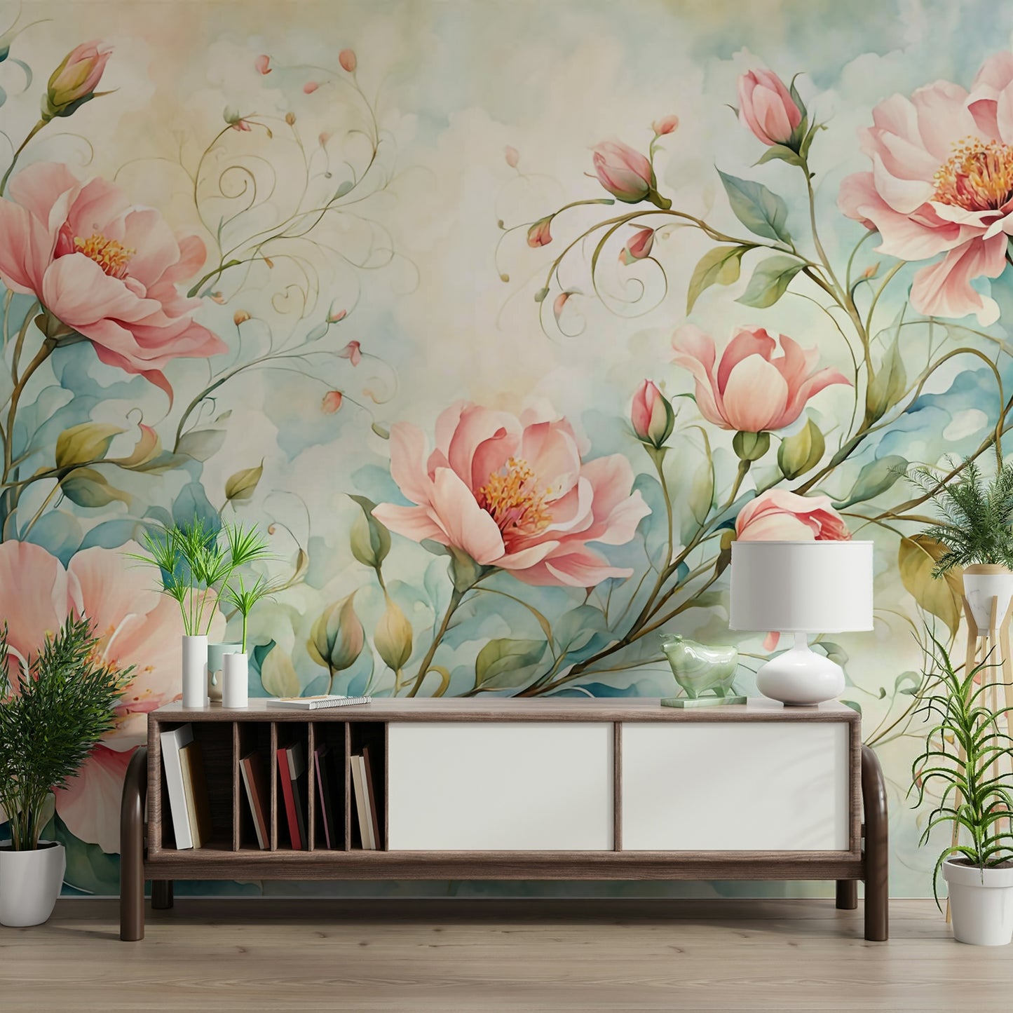 Artistic wallpaper design with romantic blush flowers