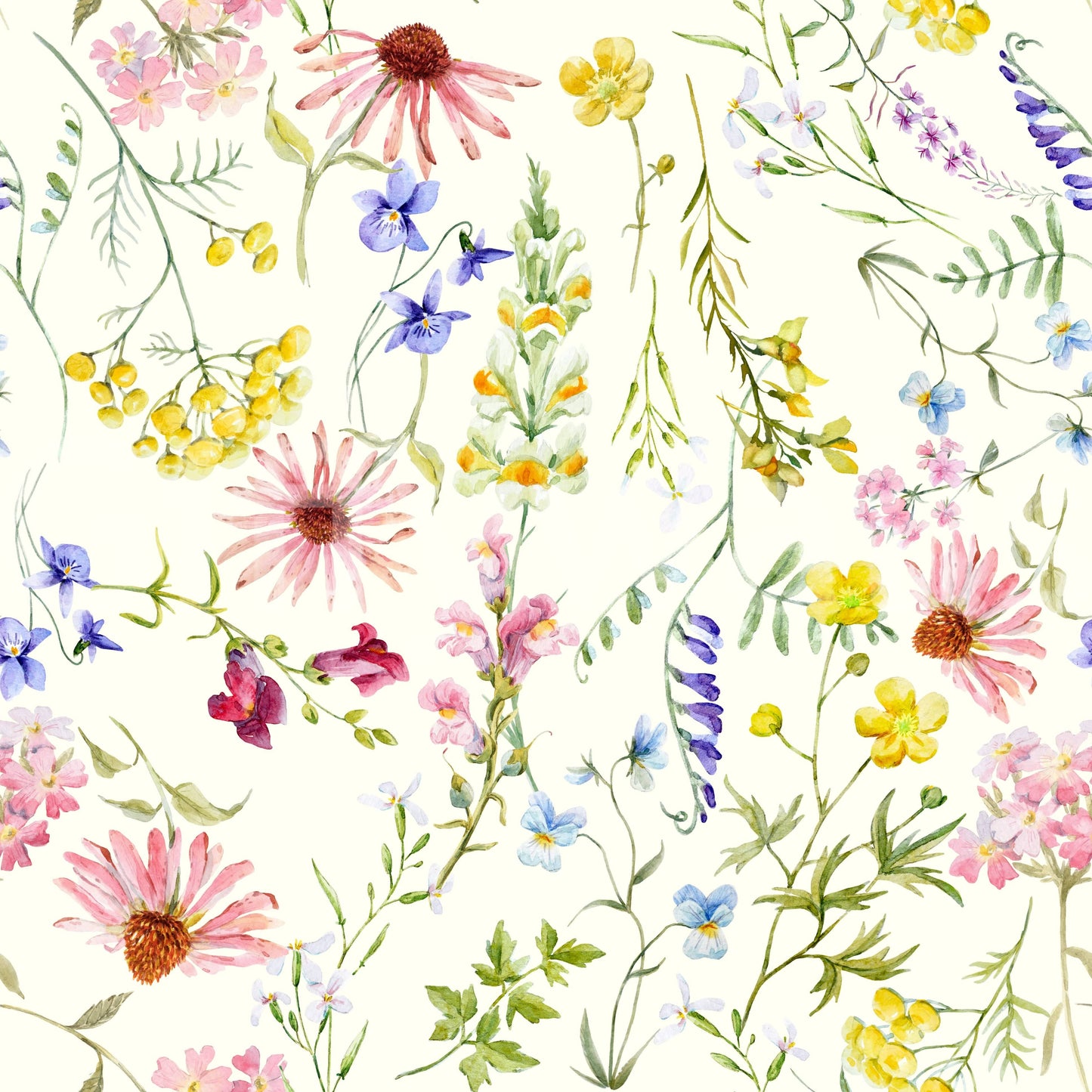 Meadow floral wallpaper for reading corner, blush tones with fine wildflowers