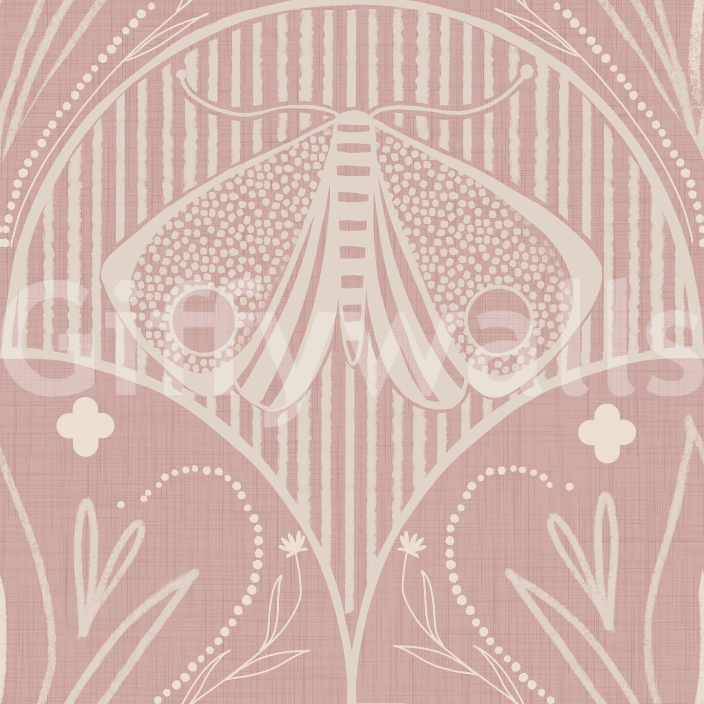 Boho Art Nouveau Scallop Butterfly Floral in Cream and Dust Pink Wallpaper