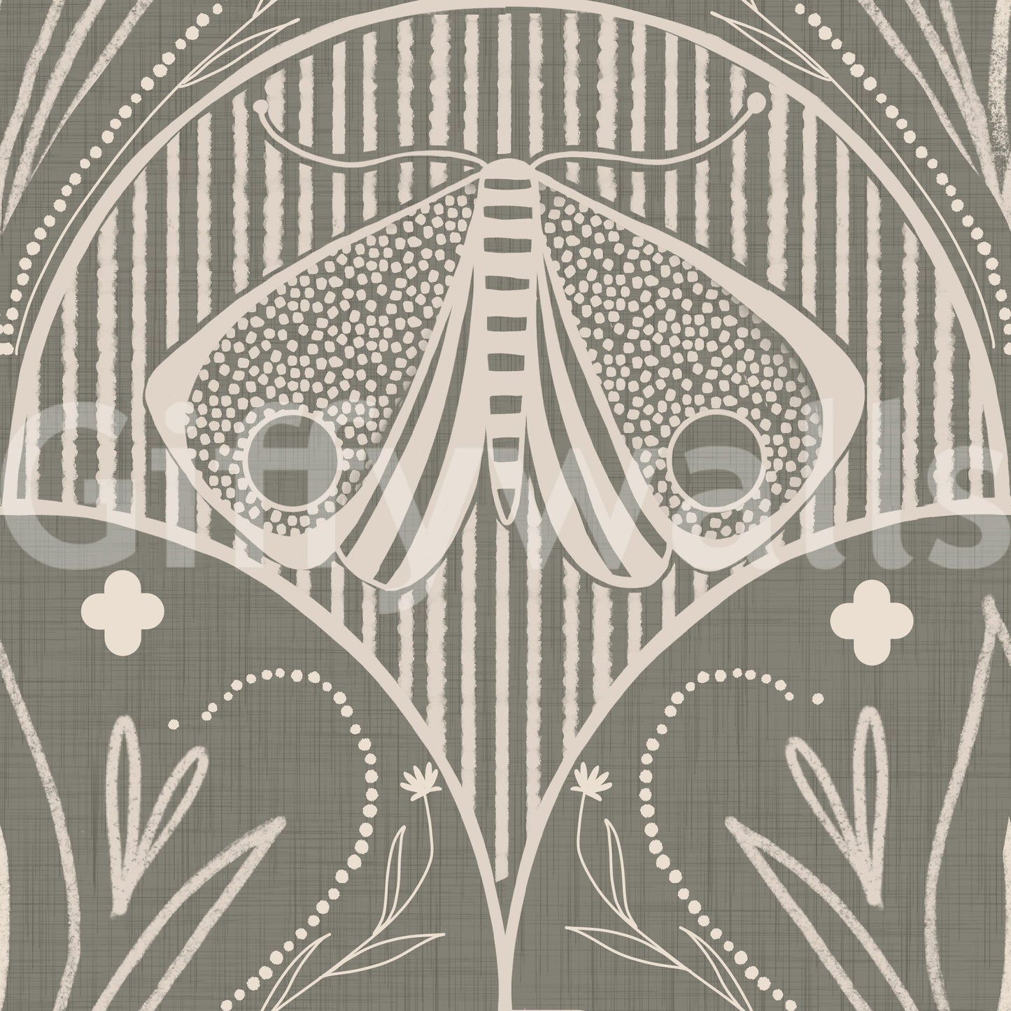 Boho Art Nouveau Scallop Butterfly Floral in Warm Taupe Grey Wallpaper