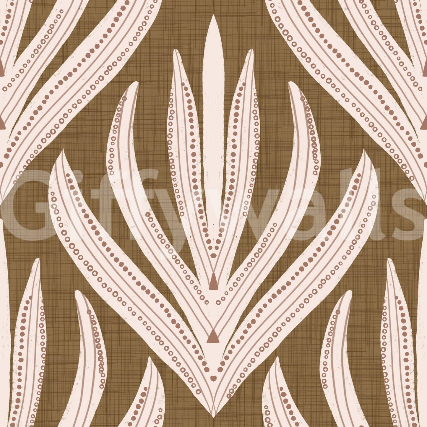 Decorative wallpaper featuring cream and terracotta leaf illustrations on a natural brown background.