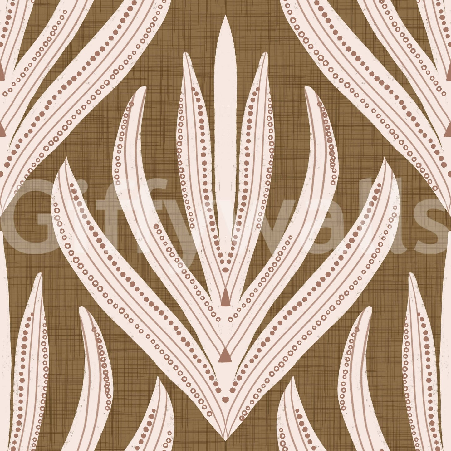 Decorative wallpaper featuring cream and terracotta leaf illustrations on a natural brown background.