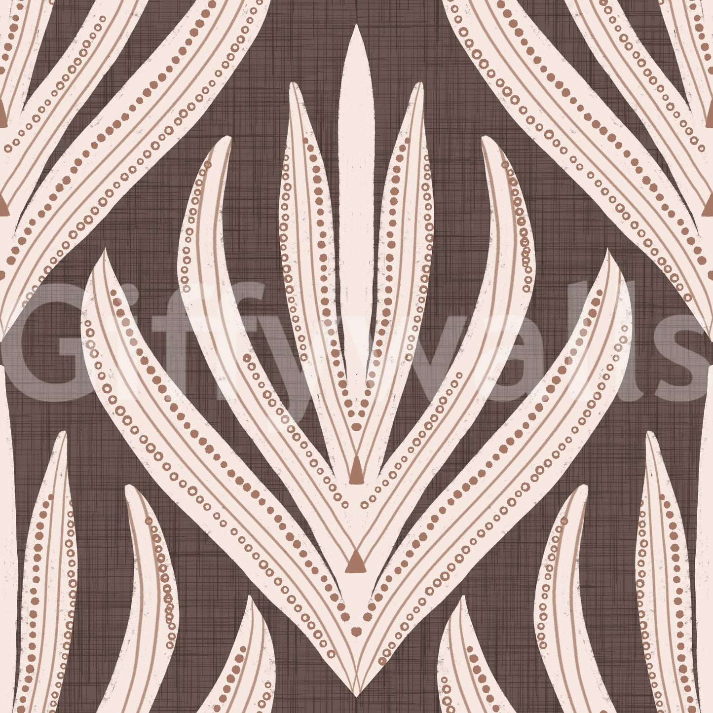 Decorative wallpaper featuring cream and terracotta leaf illustrations on a natural brown background.