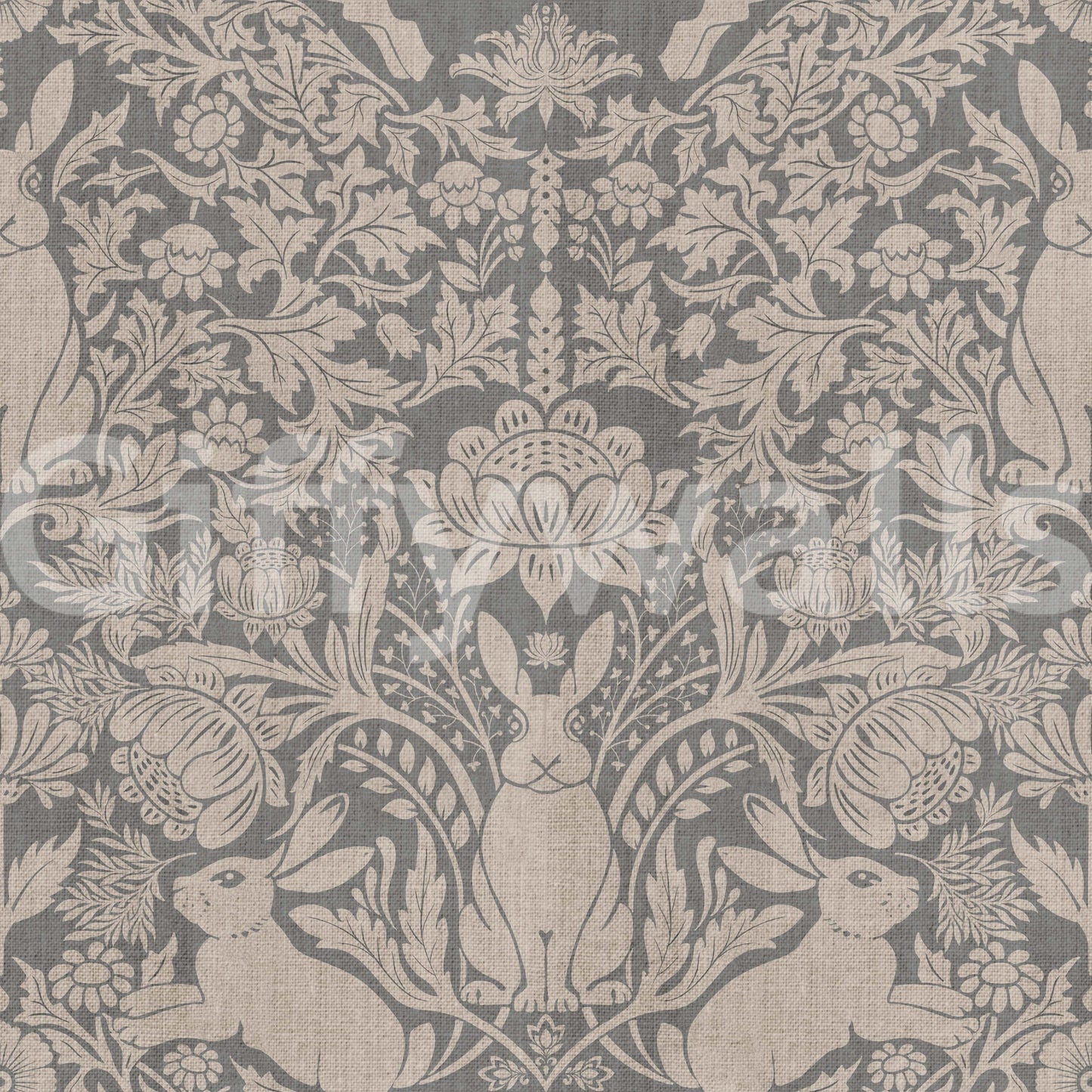 Floral and animal wall mural with cute bunnies and elegant damask patterns for stylish interiors.