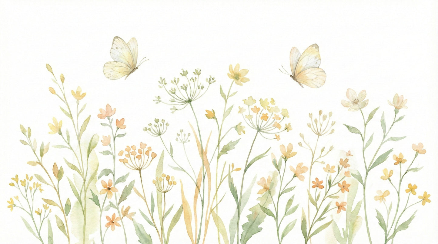 Native-inspired meadow flowers and butterflies for a hallway feature wall.