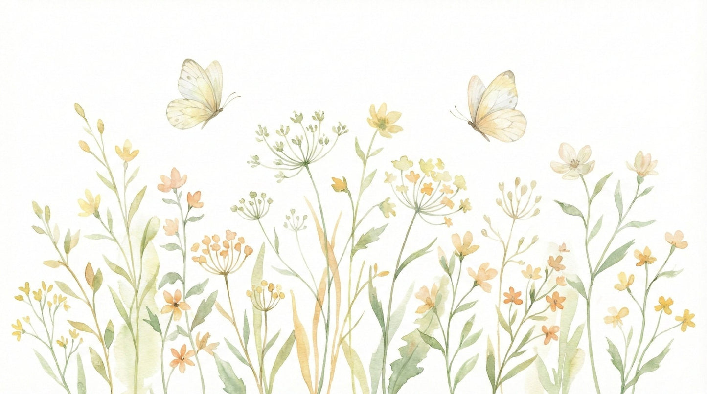 Native-inspired meadow flowers and butterflies for a hallway feature wall.