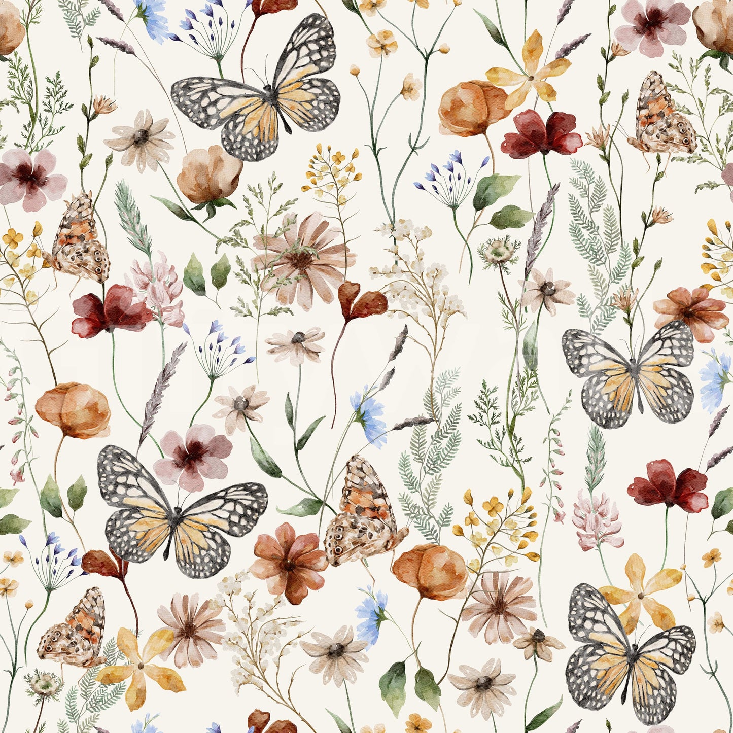 Meadow Butterflies removable wallpaper, elegant insect motif.