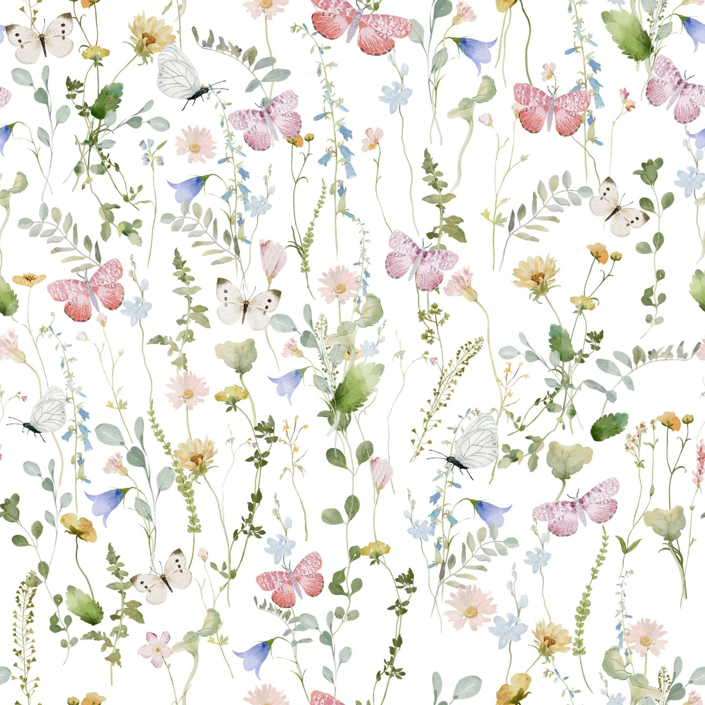 Airy botanical wallpaper with butterflies on white base
