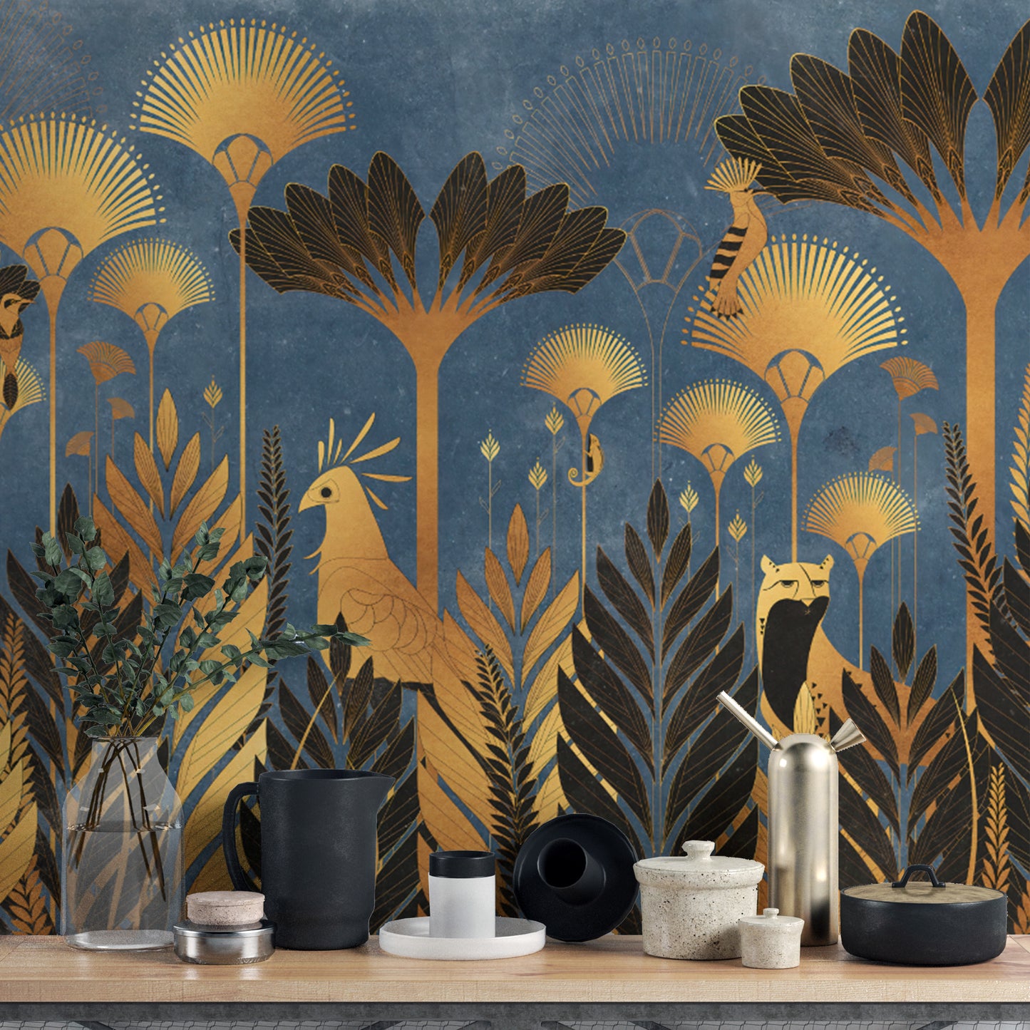 Bold botanical-themed blue luxurious Art Deco jungle wallpaper