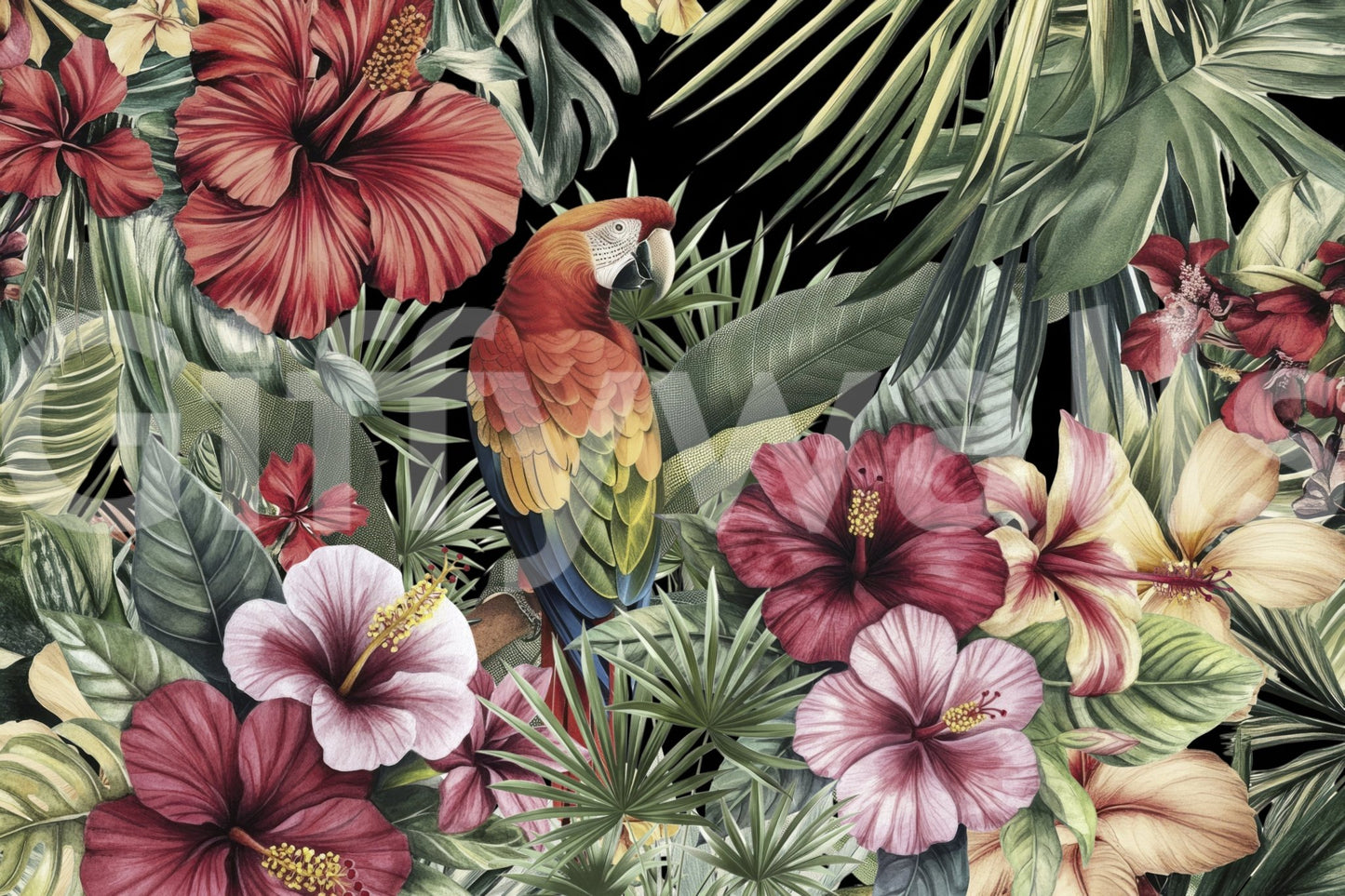 Tropical dreams mural with parrot and florals