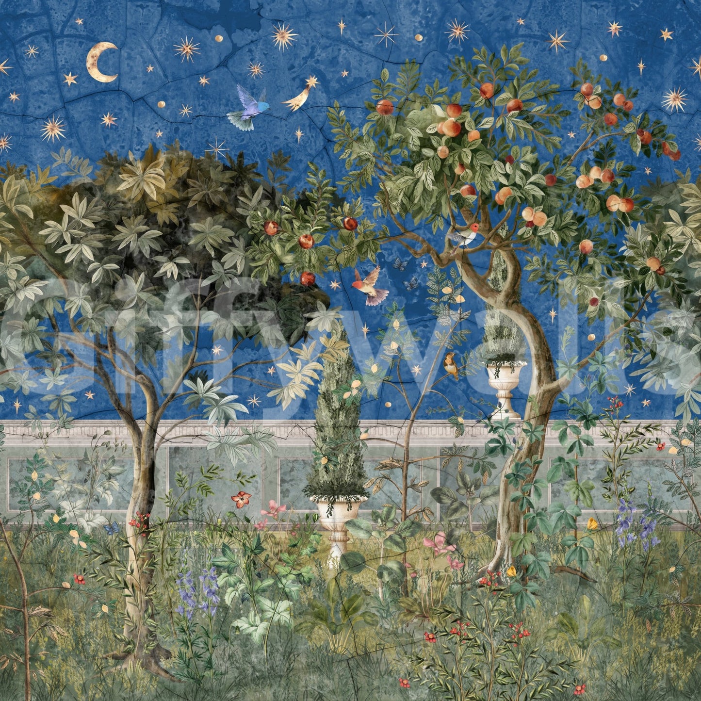 Calm botanical mural in neutral and dark shades