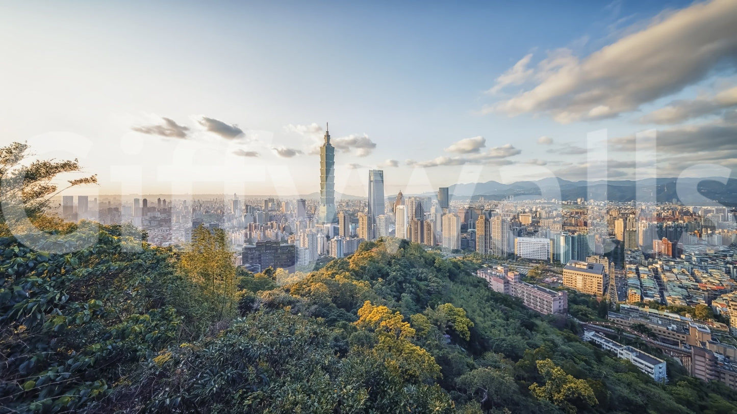 Cityscape Vista wallpaper mural shown as a close-up of the Taipei 101 skyline rising above forested green hills