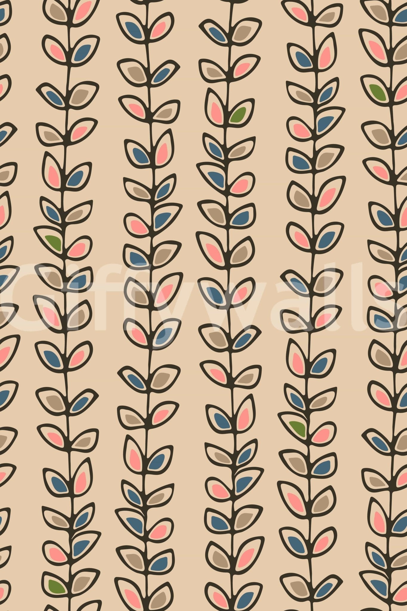 A charming retro leaf wallpaper featuring upward-growing vines in evenly spaced stripes.