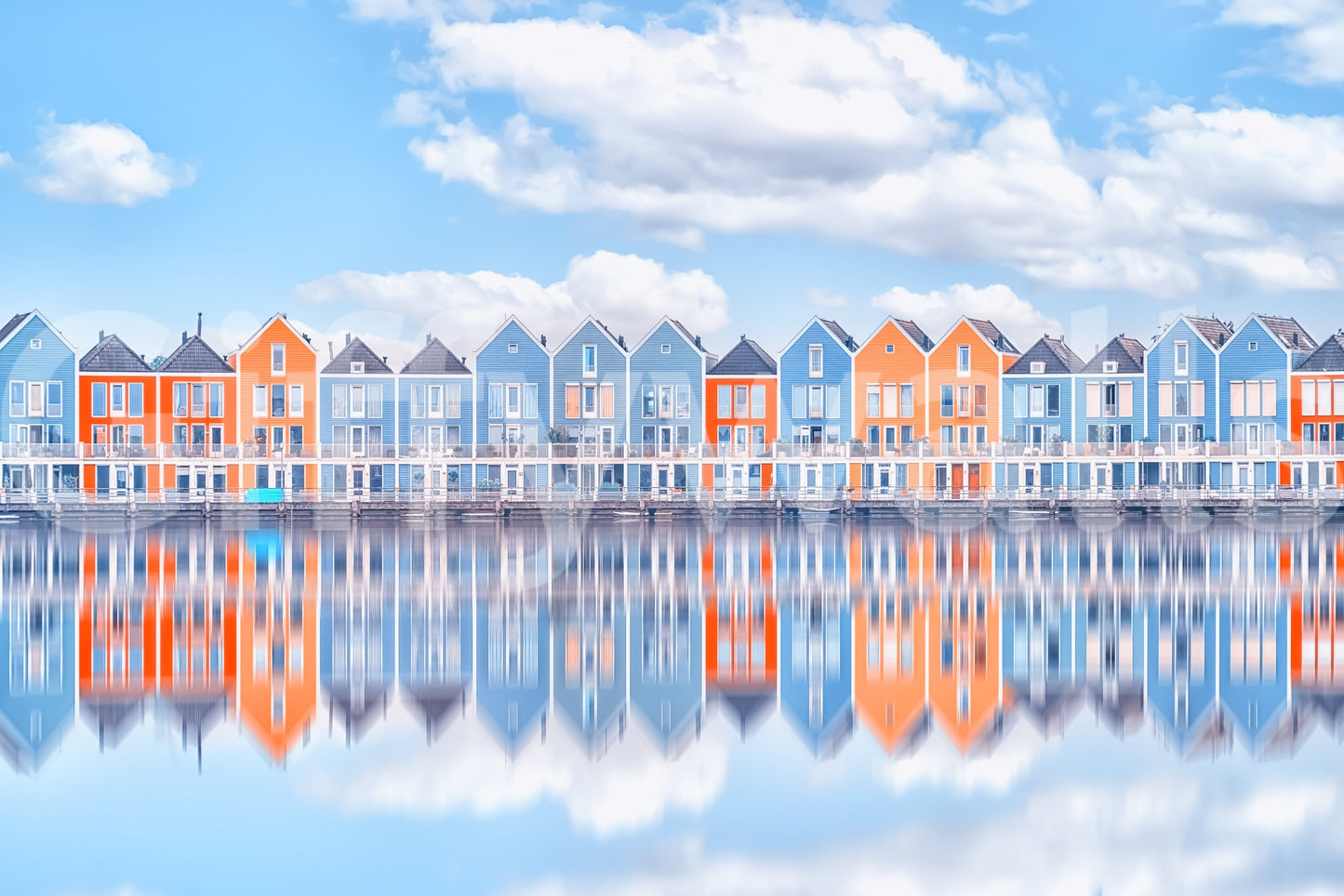 Coastal aqua cottage mural with pastel houses along still water
