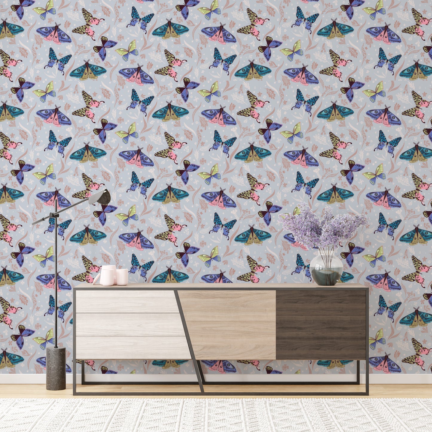 Modern butterfly mural with artistic, colorful pattern designs.