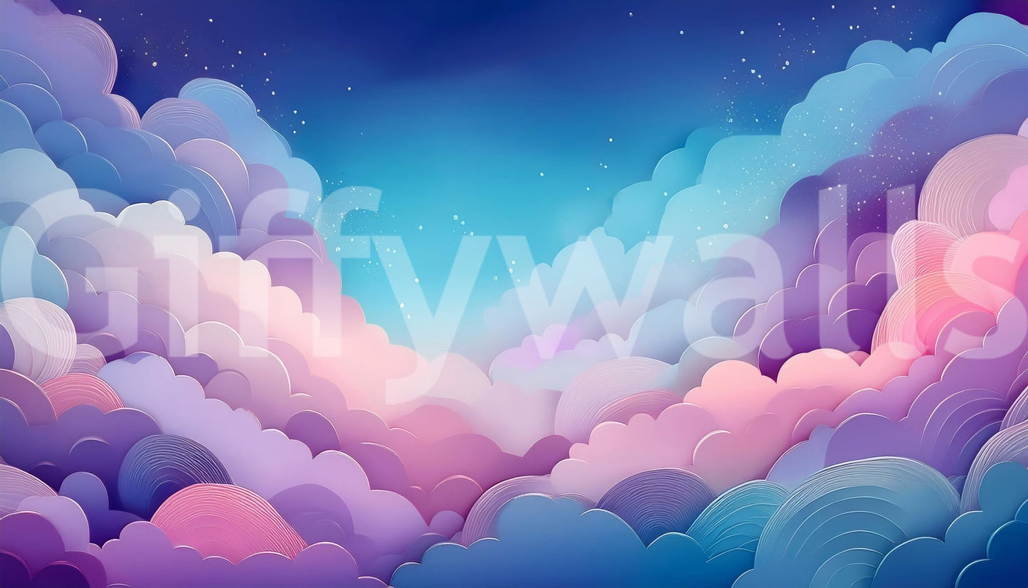 Room wall featuring dreamy cotton candy sky design