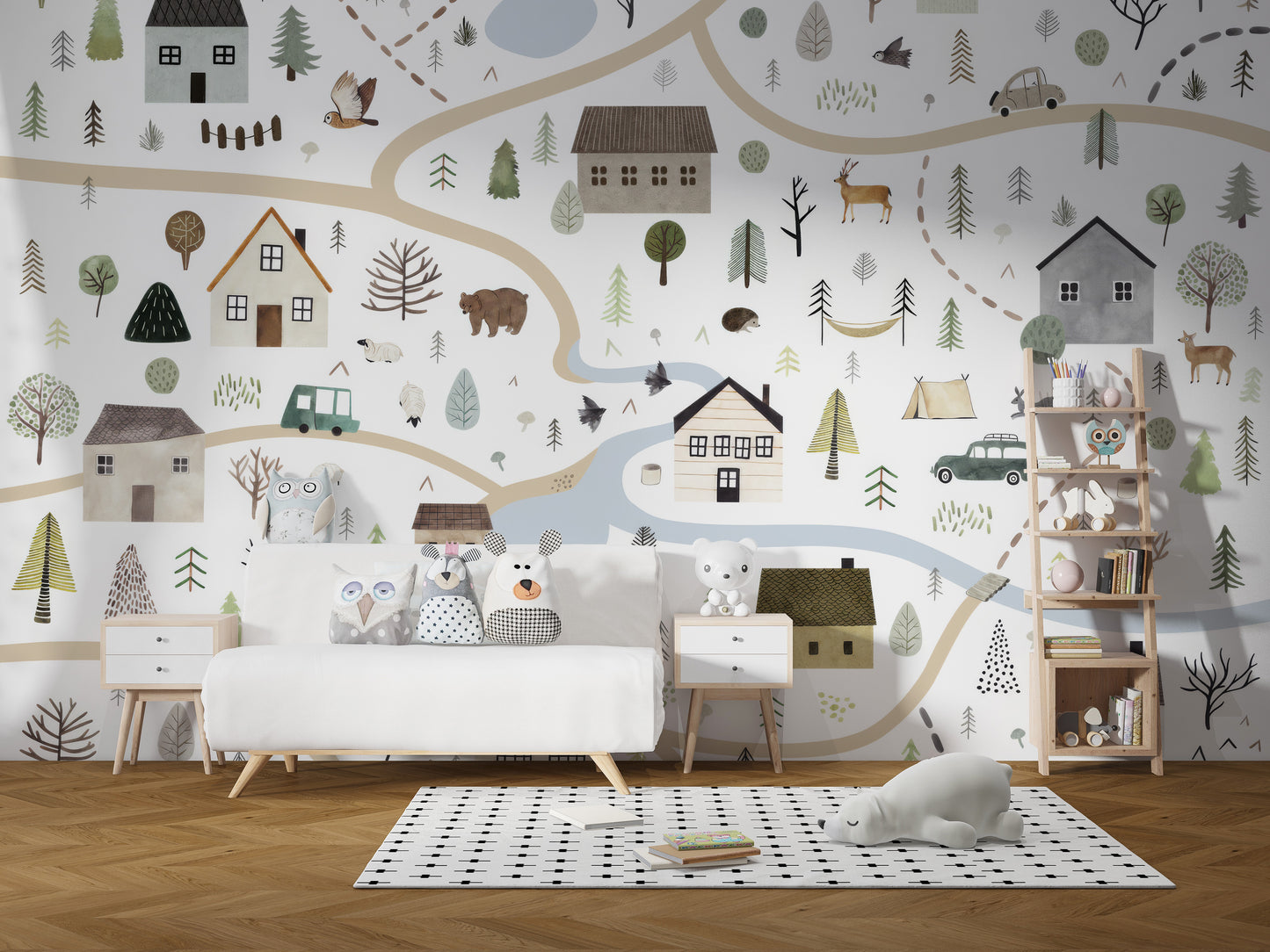 Playful countryside mural with tiny roads