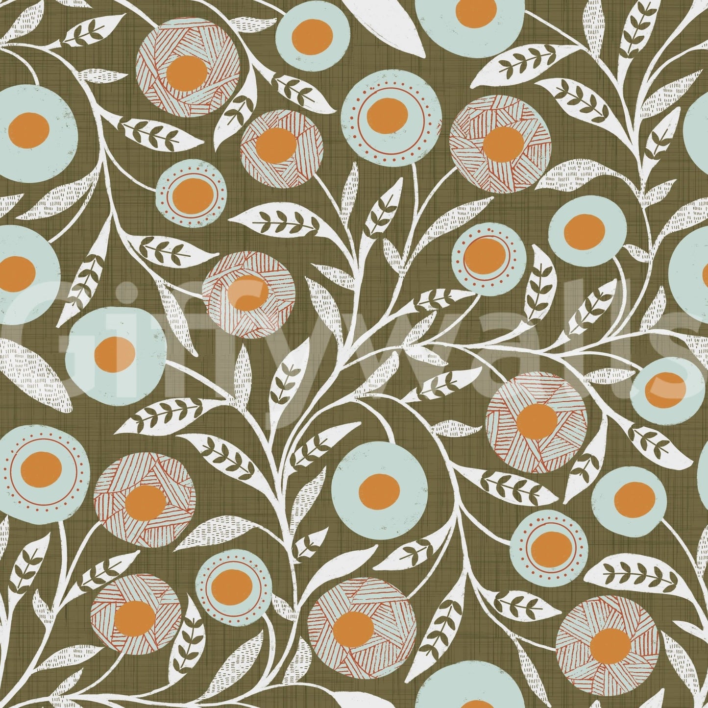 Cozy Scandi Folk Floral Earthy Olive - Craft Botanical Wallpaper