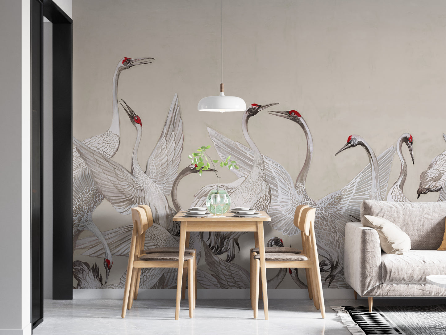 Artistic crane-themed wallpaper mural