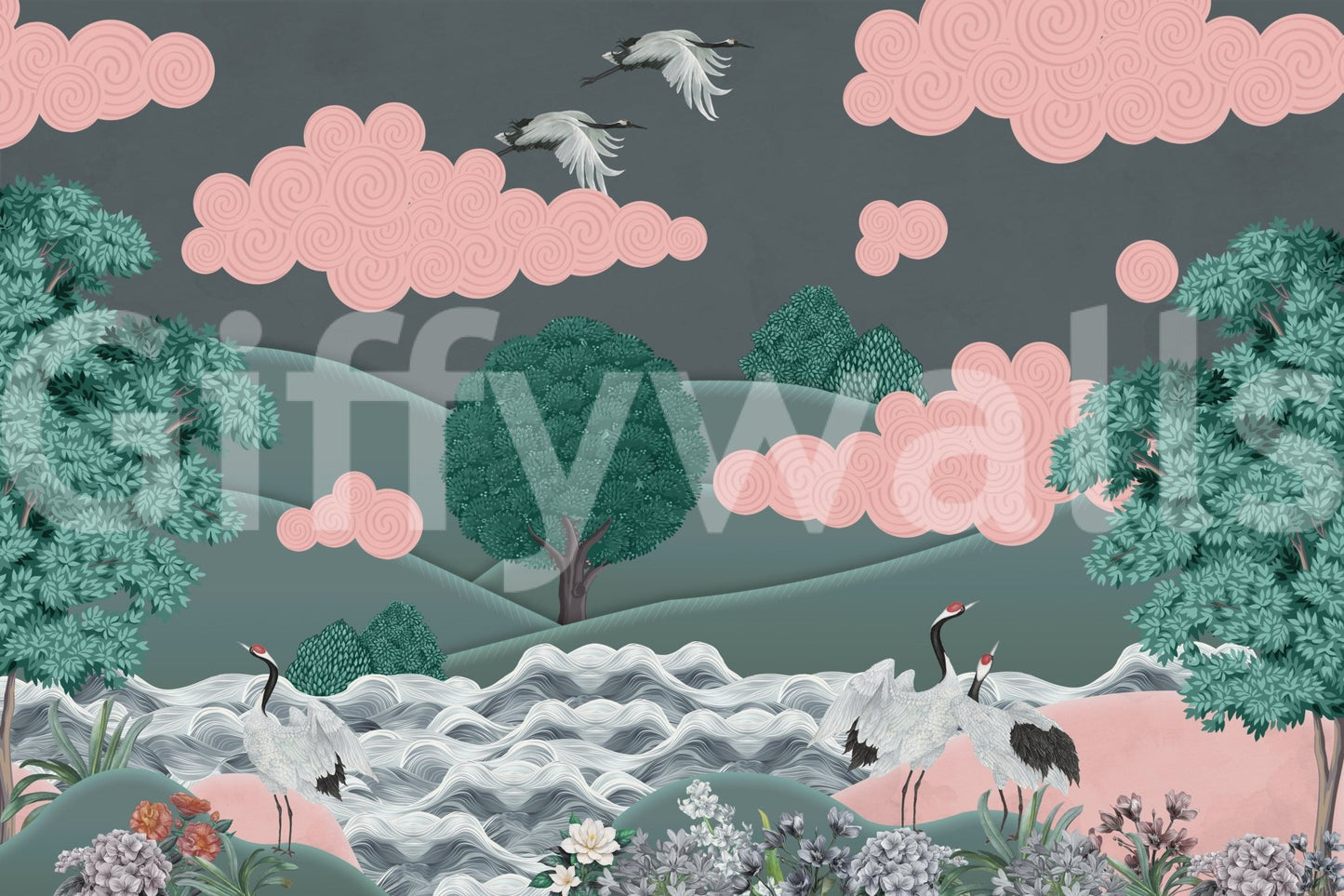 Crane bird wallpaper mural in living room, neutral color, minimalist nature artwork