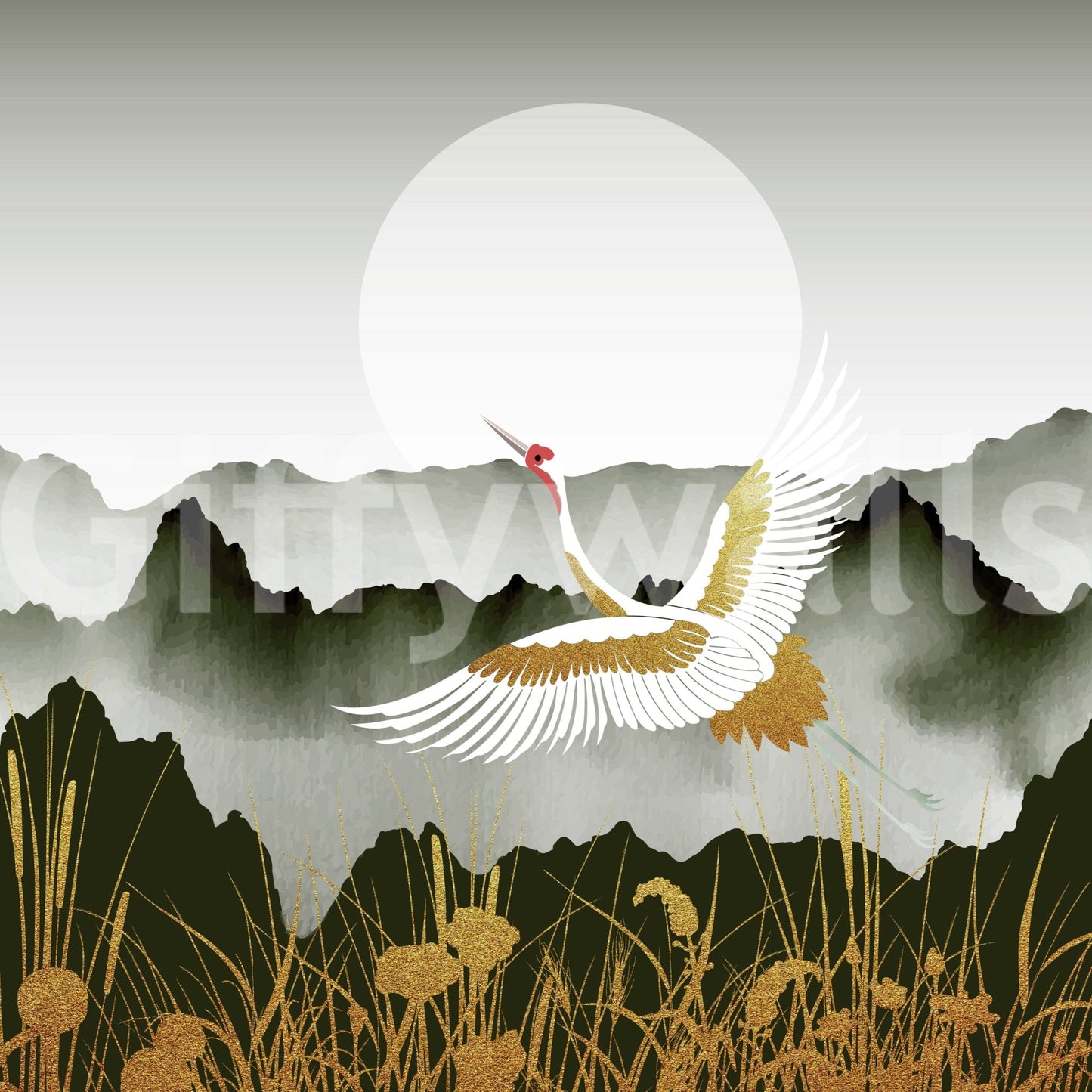 Large crane wall mural in lounge, golden sunrise hues, modern apartment styling