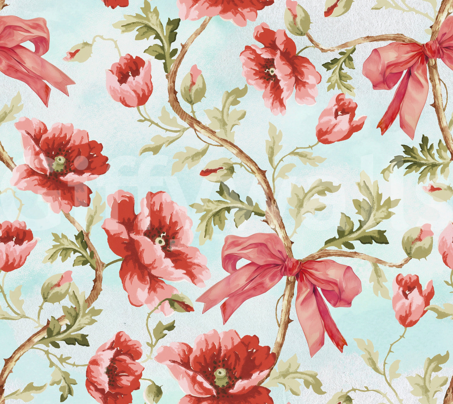 Eye-catching wallpaper with flowers and decorative ribbon accents.
