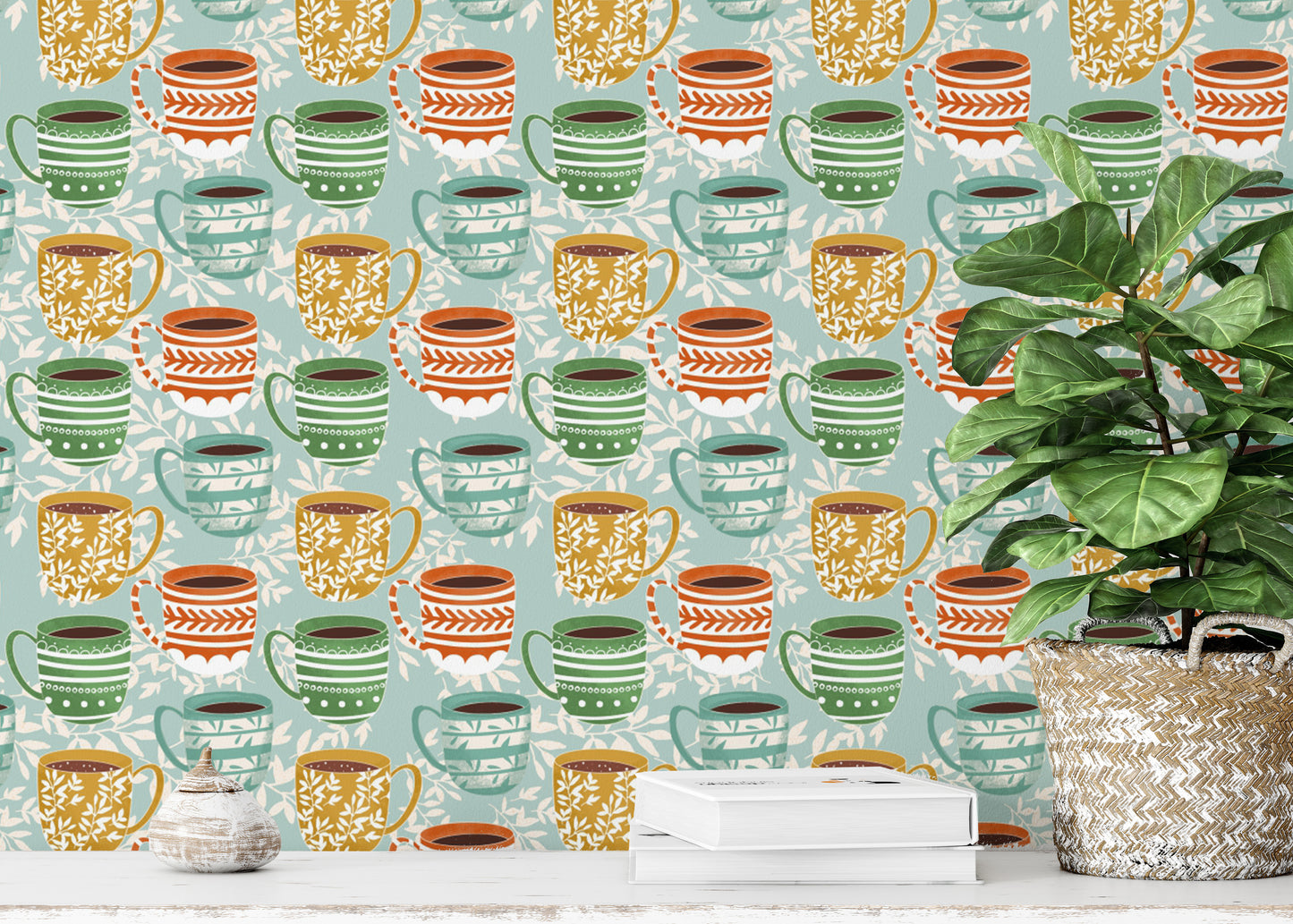 Chic coffee mug-themed wallpaper mural