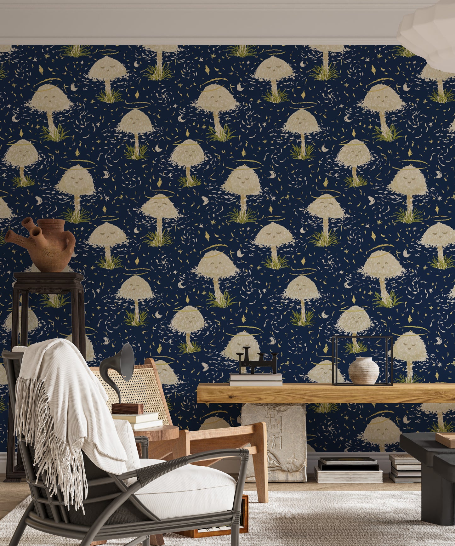 Fun and charming dancing mushrooms wallpaper for kids’ rooms.