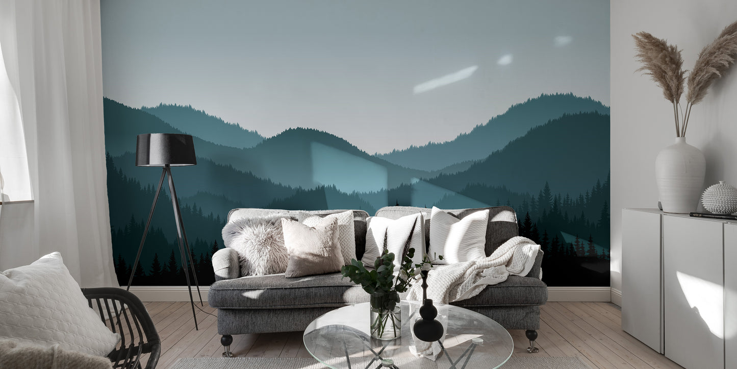 Misty dark forest and mountains mural
