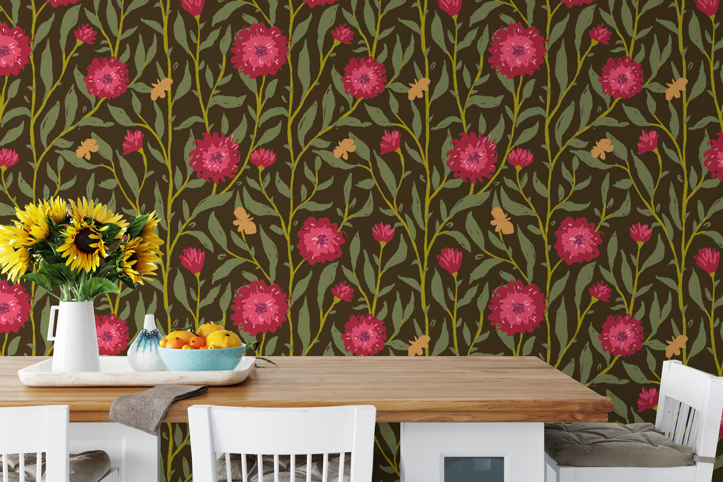 Nature-inspired spring trellis wallpaper in magenta for rich, earthy vibes.