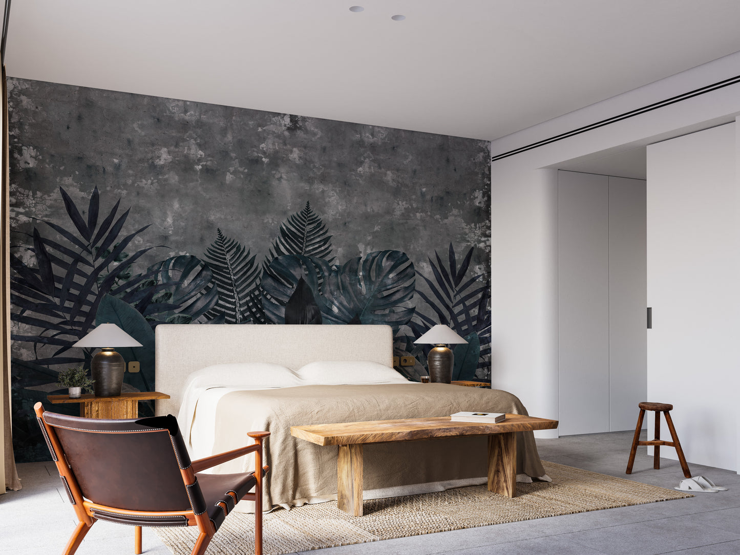 Dark-toned tropical leaves wallpaper design