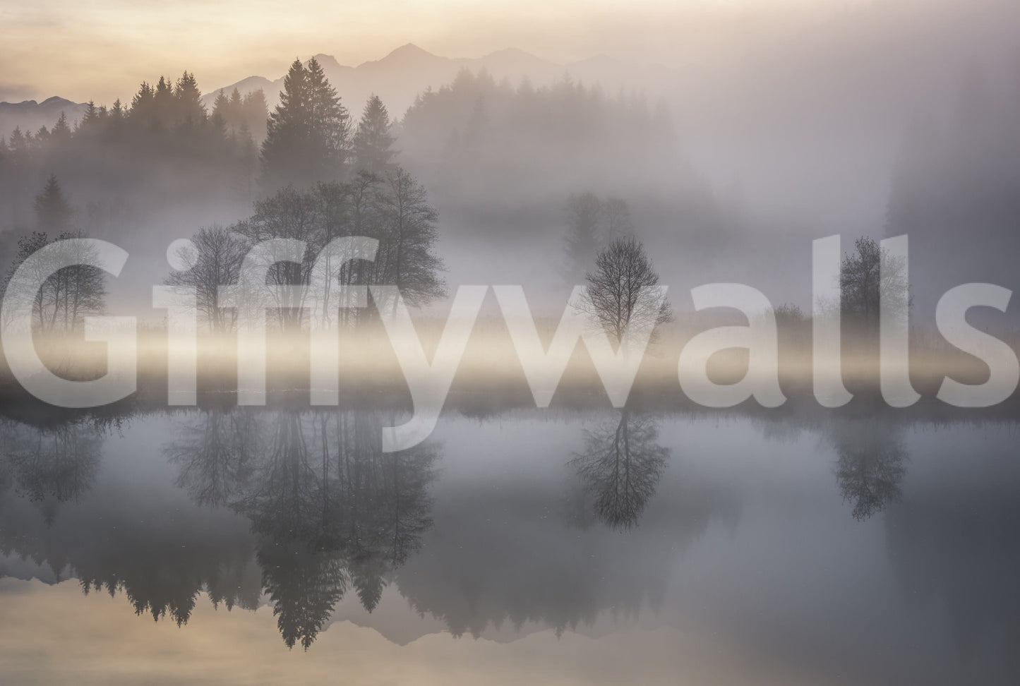 Picturesque Dawn Reflection, harmonious scene, whispering mist, wallpaper for walls.