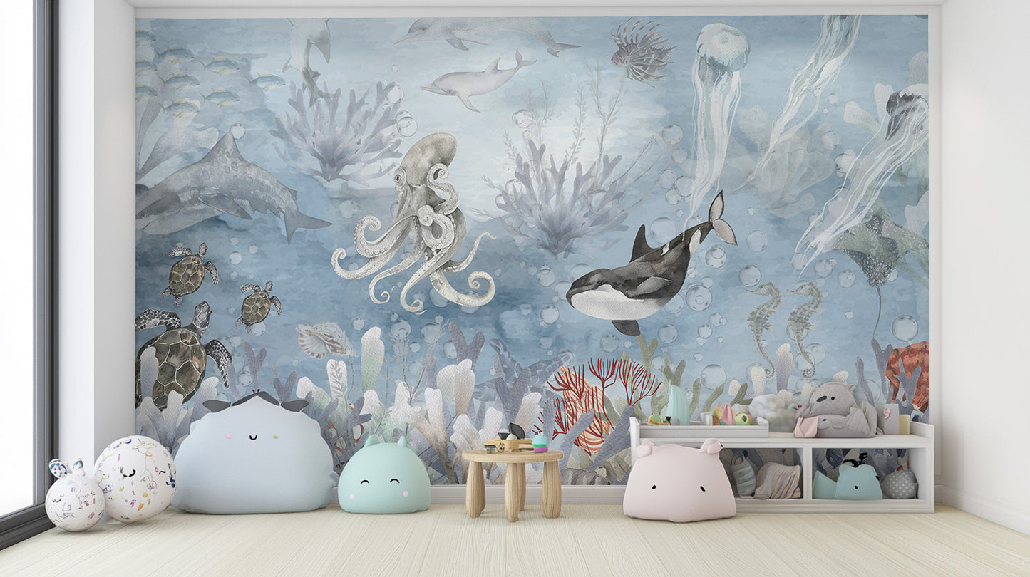 Deep sea creatures wallpaper mural in a symphony of colors.
