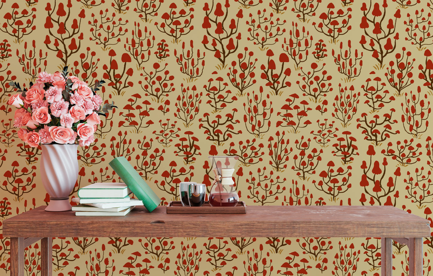 Cute red ditsy mushrooms wallpaper for kids’ rooms or nurseries.