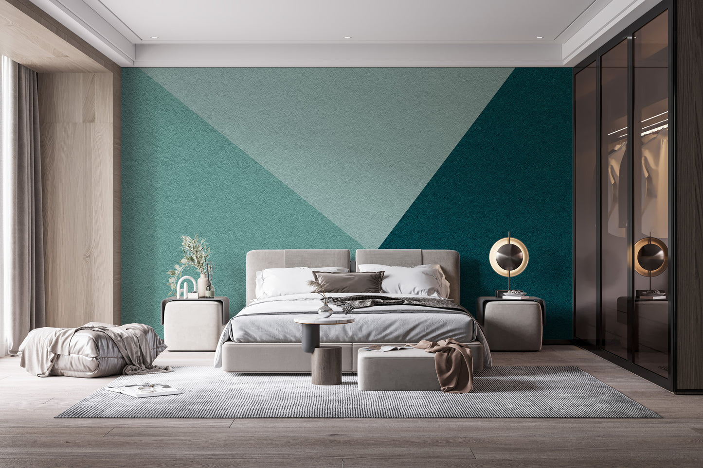 Cyan geometric mural with a modern artistic touch