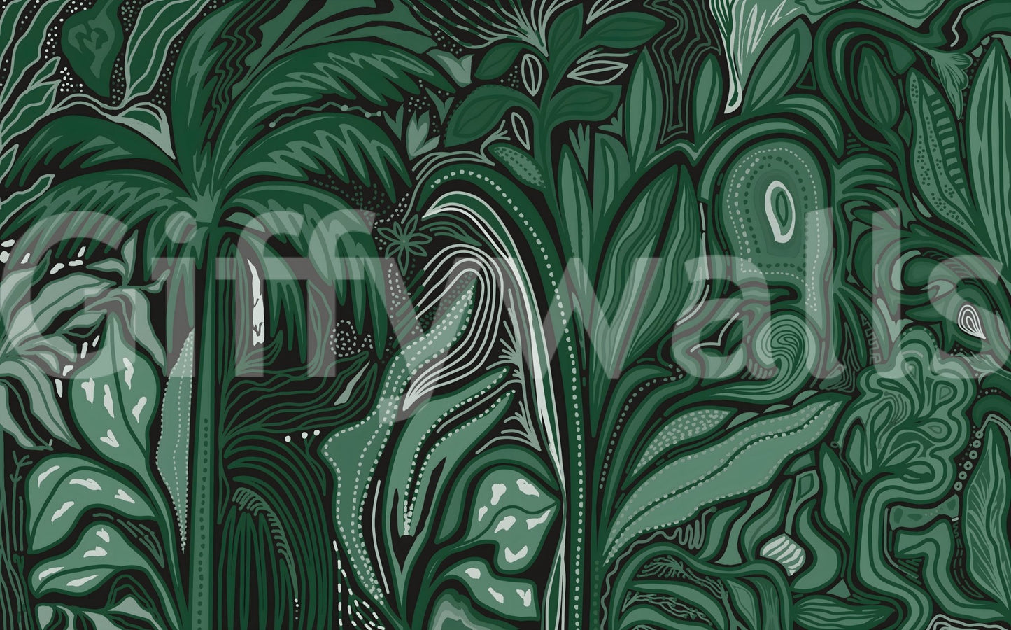 Stylized vegetation featured in the Emerald Canopy Jungle Noctiverdis Plants Wall Mural