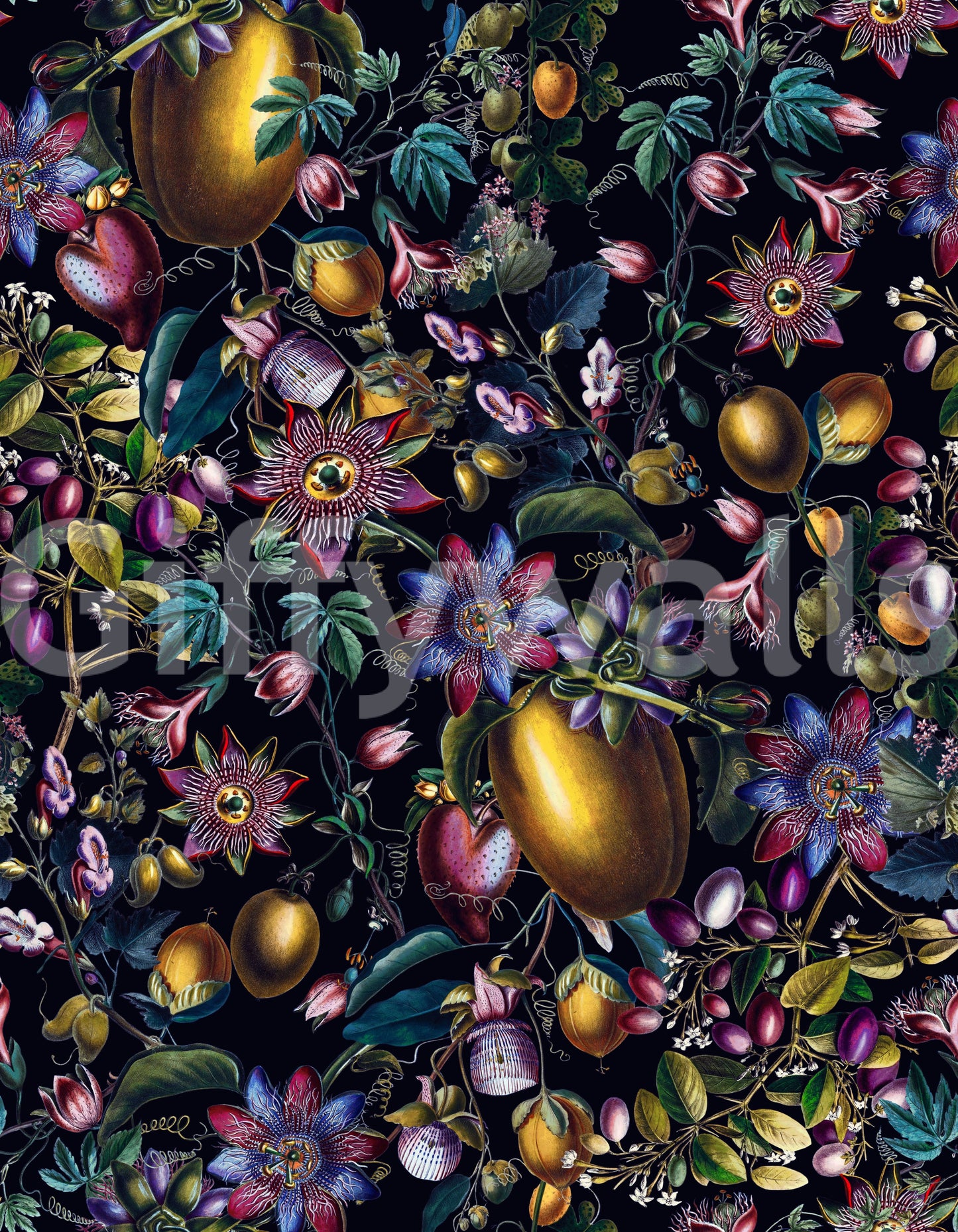 Elegant floral wallpaper mural with soft blooms and twisting vines.