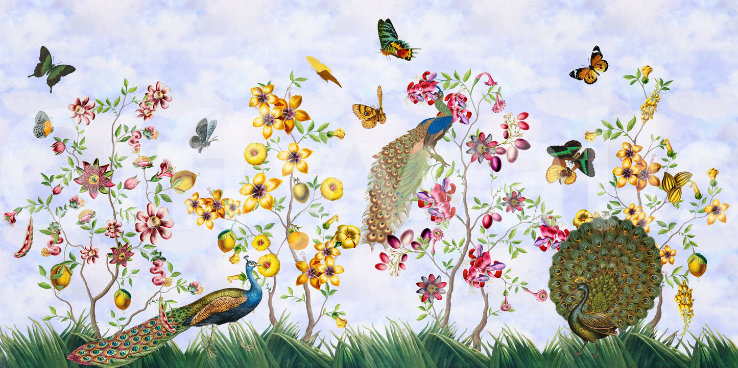 Exotic peacock and garden mural wallpaper creating a tranquil vibe.