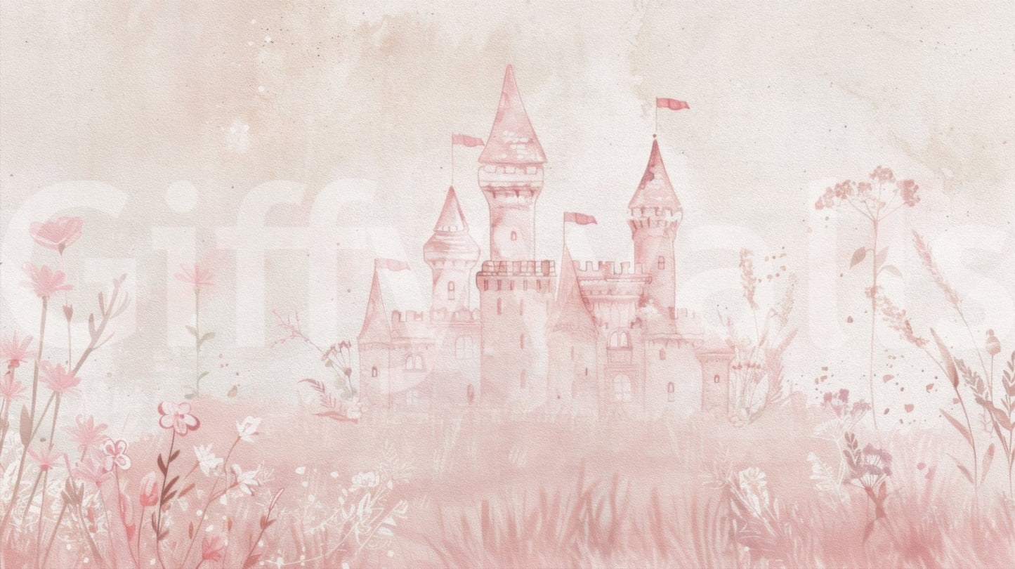 Watercolor illustration of a Fairytale Princess Castle wall mural art.