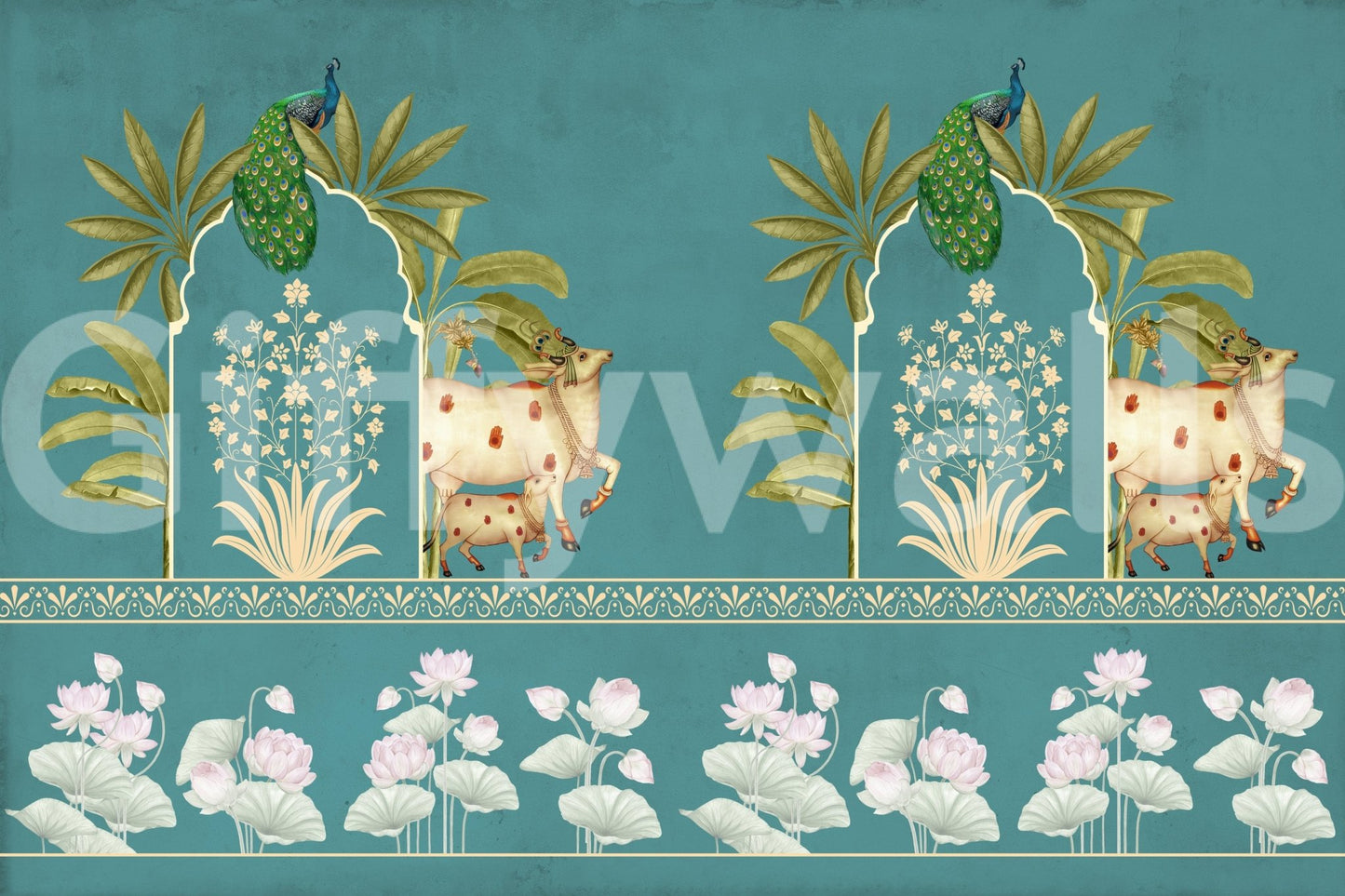 Entryway feature wall mural, Firoza Pichwai design in aqua and cream, modern wall decor for small spaces