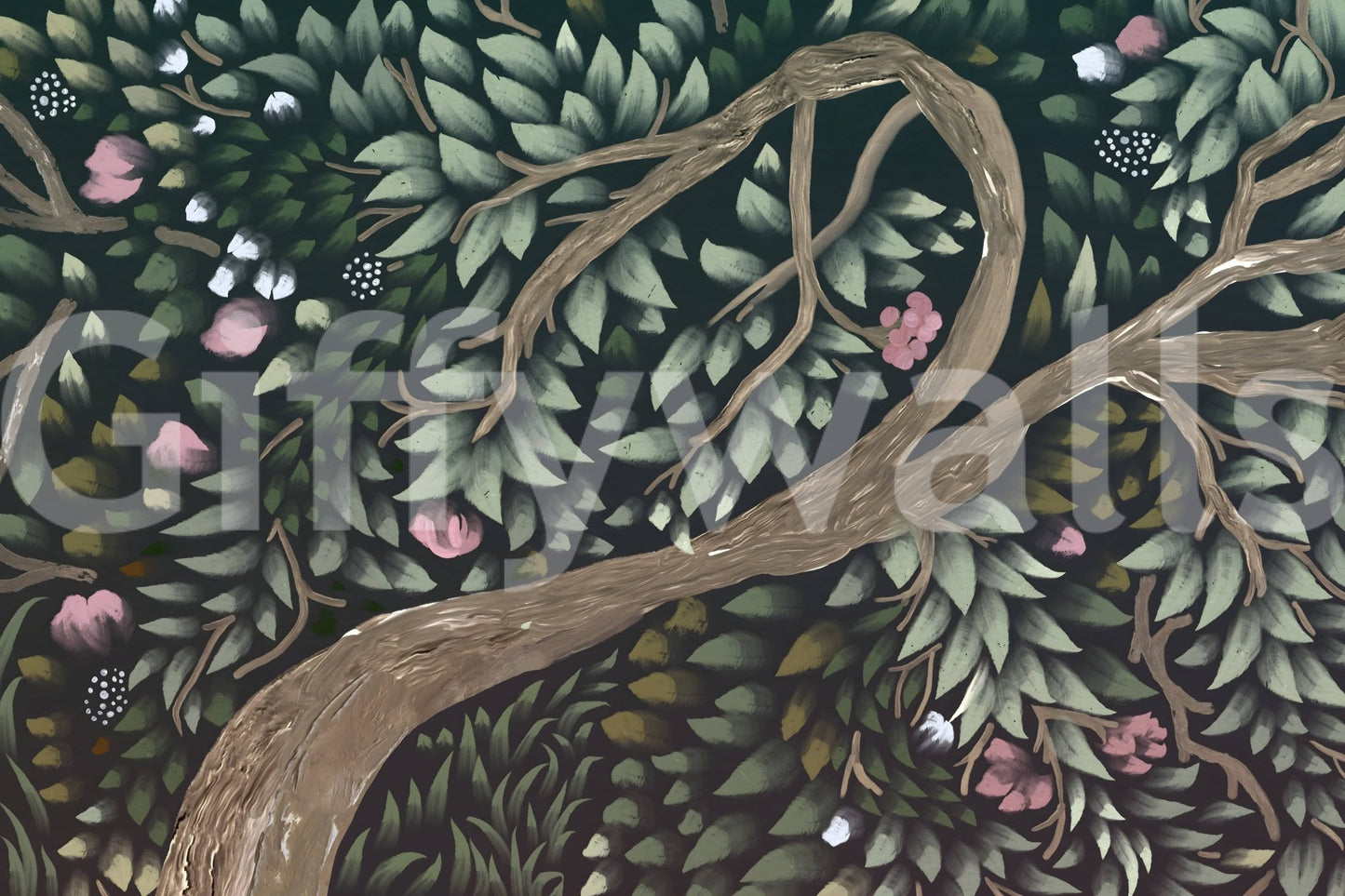 Intricate Floral Canopy Dream mural depicts stylized wilderness and blooms.