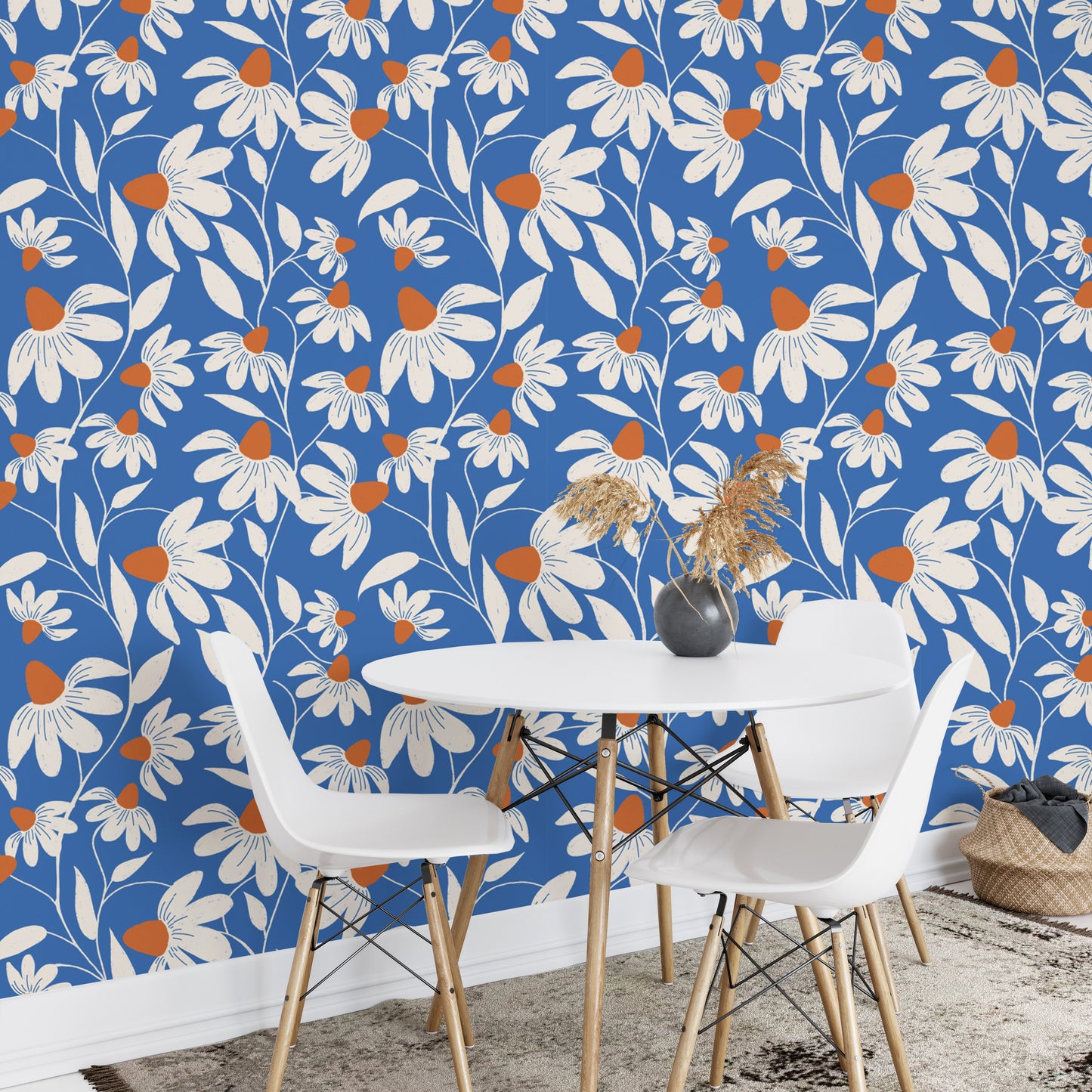 Modern Floral Wallpaper with White Coneflowers