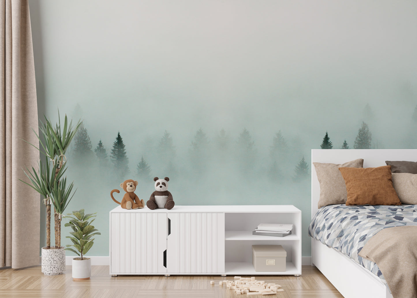 Scenic dense forest mural with a foggy, ethereal touch.