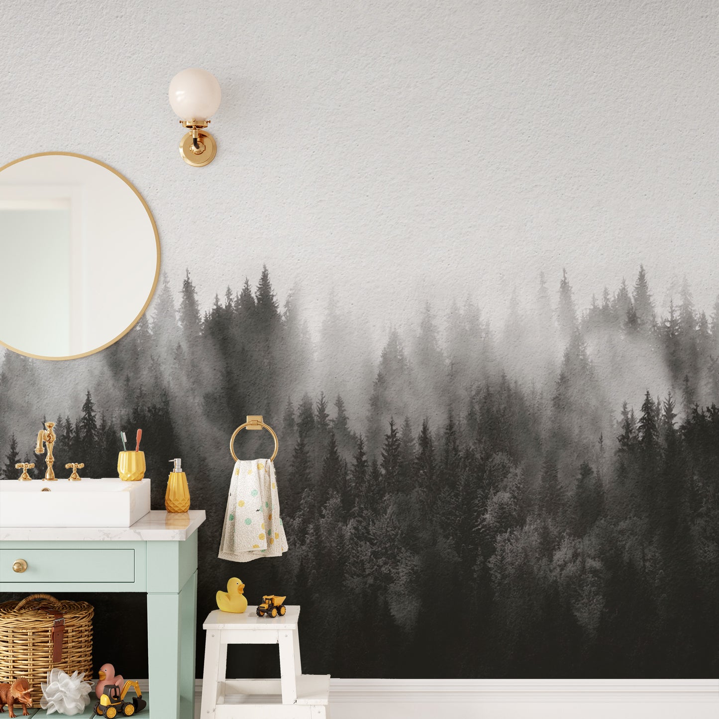 Sophisticated foggy forest mural for a serene wall statement.